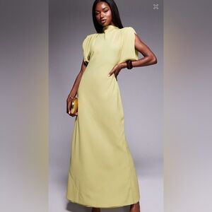 ASOS DESIGN high neck satin shoulder pads maxi dress cowl back in olive